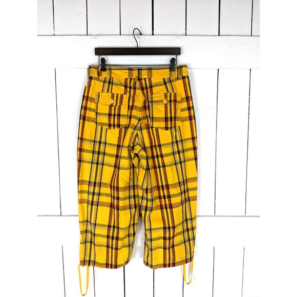 90s vintage yellow plaid wide leg cropped cotton high waisted drawstring pants - Picture 3 of 9